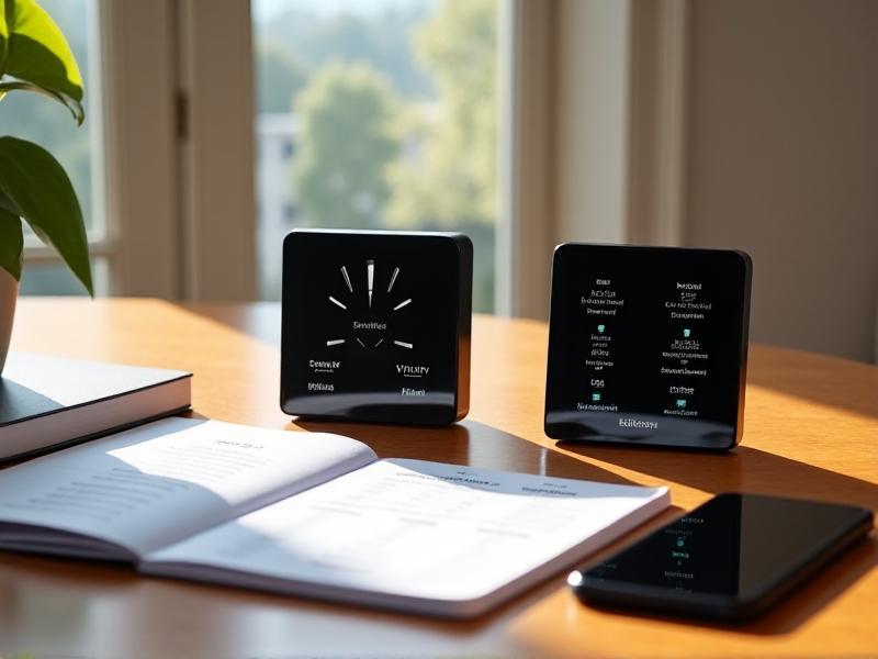 A person comparing two smart energy monitors on a wooden table: one a compact plug-in module, the other a full-circuit panel. Natural daylight from a nearby window highlights device details, with a notebook and smartphone showing feature checklists nearby.