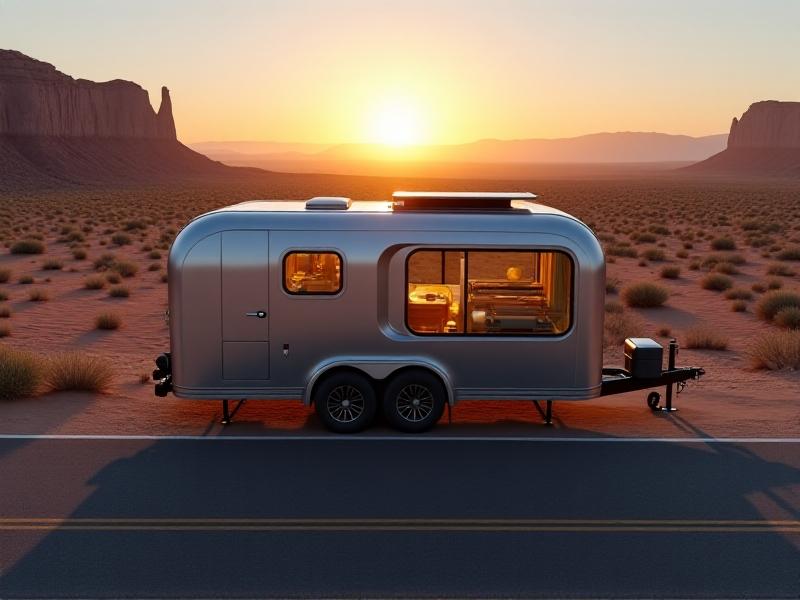 A sleek silver tiny house on a heavy-duty steel trailer frame parked on a desert highway at sunset, ochre cliffs towering in the distance, emphasizing mobility and adventure-ready design.