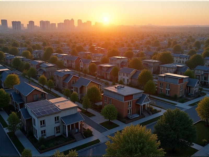An aerial view of a suburban neighborhood at dusk, featuring multiple properties with creatively designed ADUs. Solar panels and green roofs blend with traditional architecture, illustrating the potential for sustainable urban density.