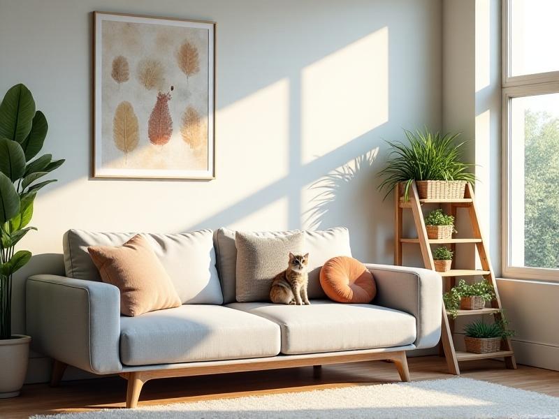 A Scandinavian-style convertible sofa in light gray fabric revealing a pull-out drawer with plush pet bedding and chew-toy storage compartments, adjacent to a ladder-style cat climber with integrated planter boxes, bathed in warm natural light from casement windows.
