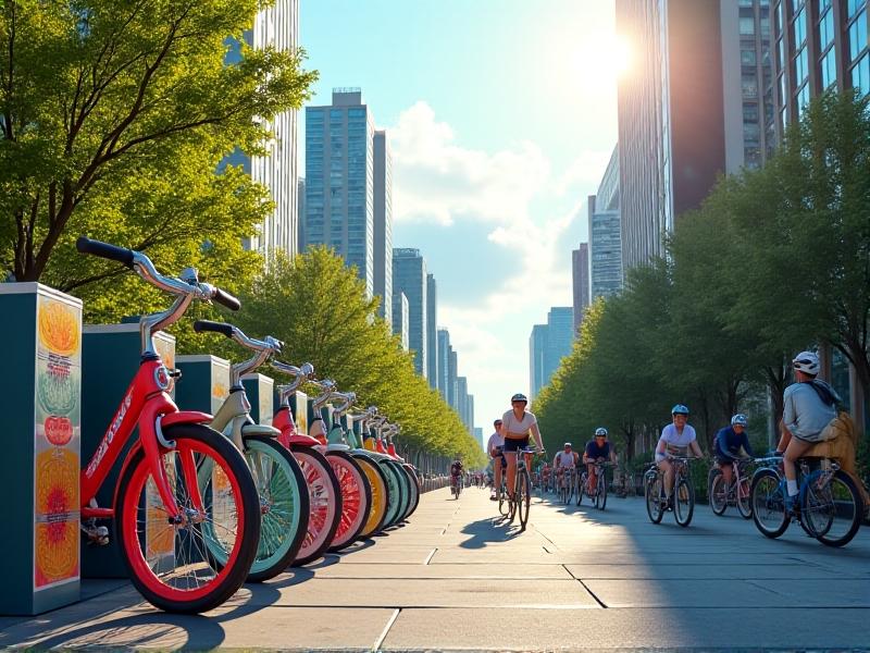 A colorful array of shared bicycles lined at a solar-powered docking station in a modern city, with cyclists commuting past green infrastructure under clear blue skies.