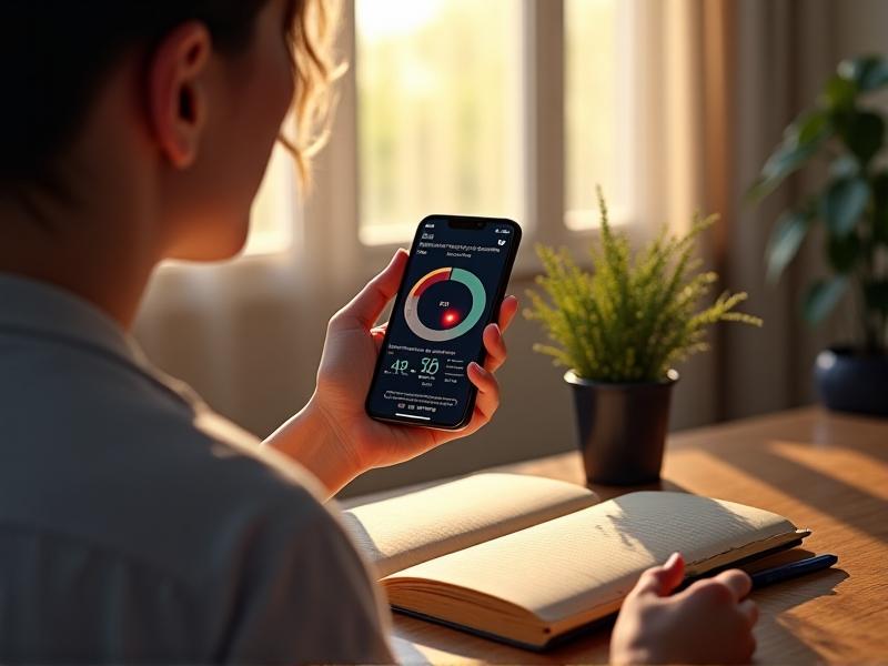A person using a smartphone decibel meter app in a small apartment, with red highlights indicating noise leaks around a window and under a door. Daylight streams through sheer curtains, and a notebook lists peak dB readings.