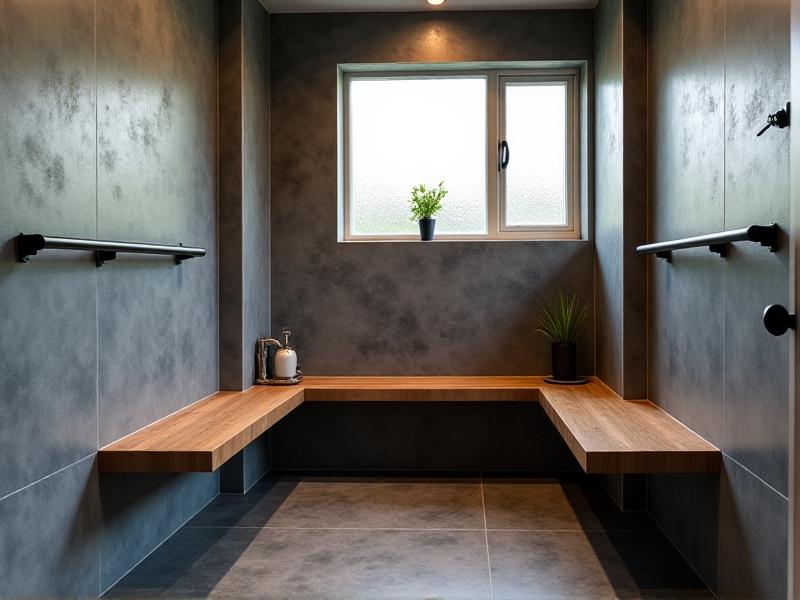A sleek, wheelchair-accessible bathroom in a tiny home with gray slate tiles, a curbless shower featuring a teak bench, and matte black grab bars. Natural light streams through a frosted window, highlighting the space-efficient design and contrasting textures.