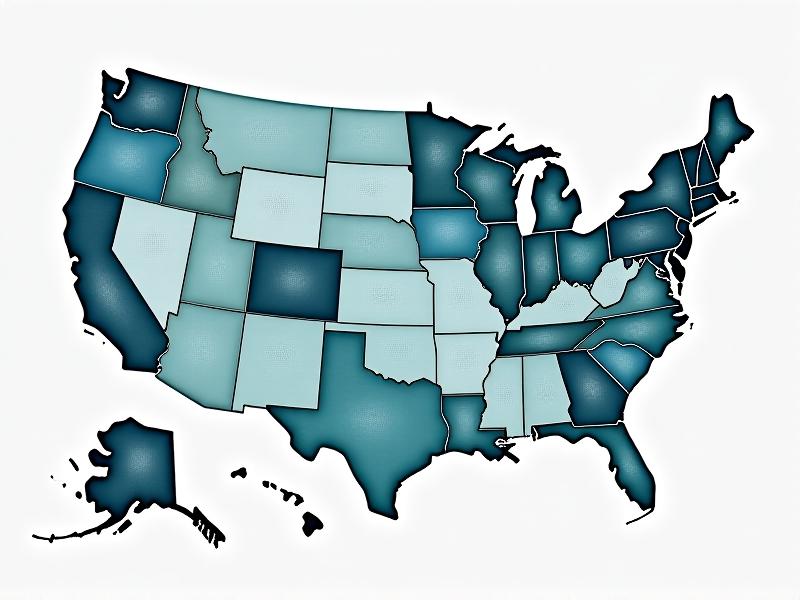 A stylized U.S. map highlighting regional greywater regulations, with icons representing permits, filtration requirements, and usage restrictions. A watercolor texture with subdued blues and greens, conveying official guidelines.