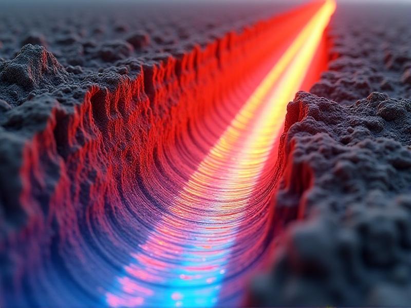 A 3D rendered visualization of geothermal heat exchange in earth tubes, depicting red and blue thermal gradients around buried pipes. The soil layers show temperature variations with depth, while airflow particles transition from warm orange to cool blue. Style: scientific infographic with vibrant colors and dynamic lighting effects.