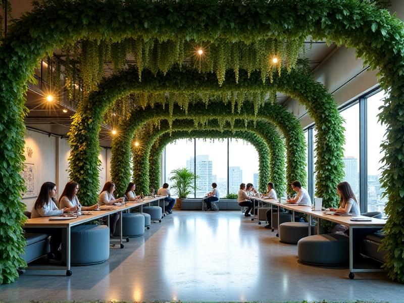A modern coworking space with modular partitions made of green living walls and sleek metal frames. Lush foliage contrasts with industrial concrete floors, fostering a biophilic design that promotes productivity and well-being.
