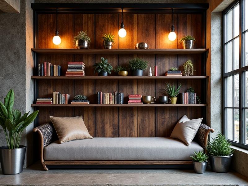 A rugged modular partition in a converted warehouse loft, combining black steel frames with reclaimed wood shelving. The unit doubles as a room divider and storage space, displaying books, potted succulents, and decorative ceramics under warm pendant lighting.