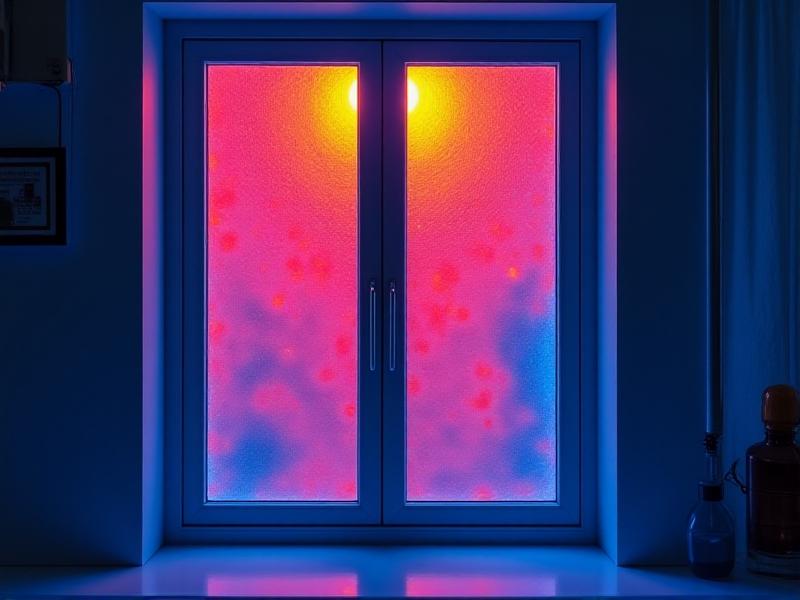An infrared camera display showing heat patterns on a window with Low-E film, vibrant red and blue gradients indicating temperature differences between treated and untreated glass in a laboratory setup with controlled LED lighting.