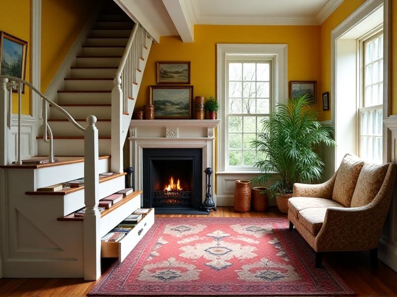 White-painted staircase with built-in drawers beneath each step, situated in a cozy cottage-style living room with hardwood floors and vintage rug, showcasing functional clutter-free storage.