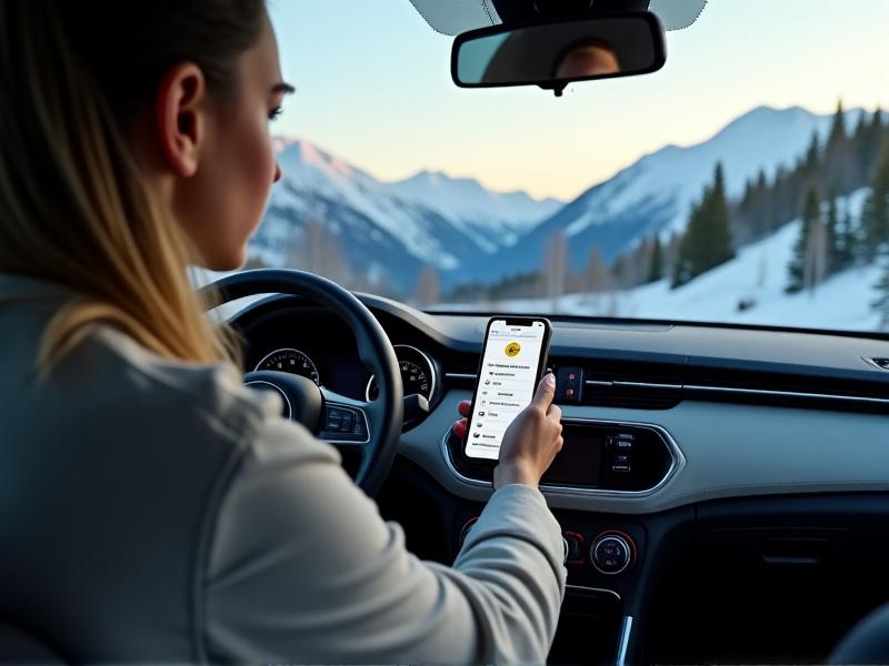 A parking enforcement officer checking a permit on a parked SUV in a mountain town, with snow-capped peaks in the distance. The permit is clearly displayed on the dashboard, and the officer’s handheld scanner reflects the serene alpine environment.