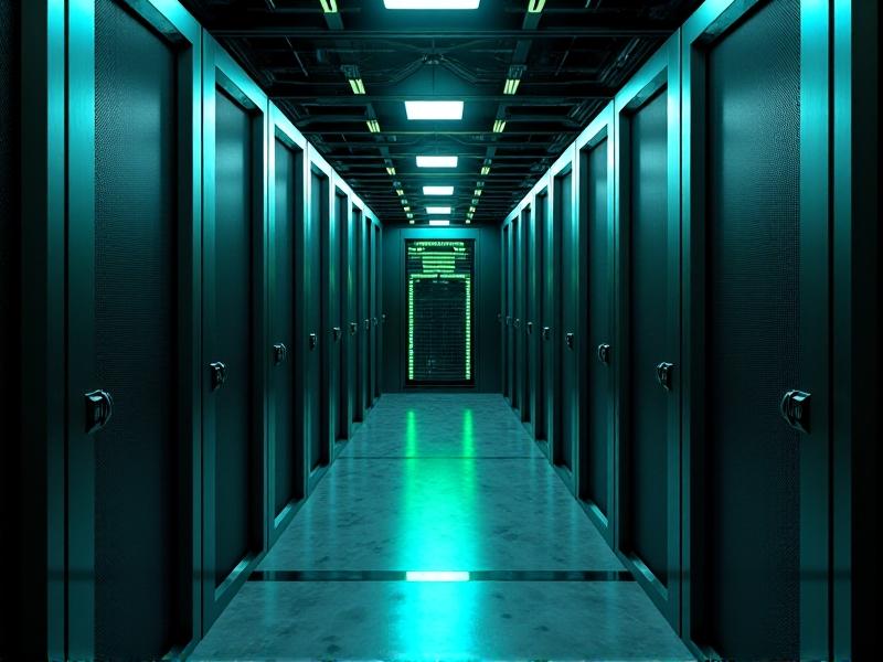 A data center server room with a hydrogen fuel cell unit integrated into the power rack, glowing with green LED status indicators, surrounded by servers and cooling vents in a futuristic, low-light environment.