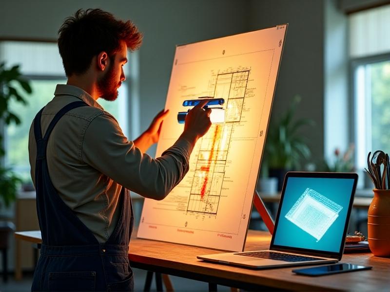 A solar installer holds a translucent pathfinder device over a blueprint of a roof layout. The tool projects sun paths across different seasons onto the plan, with shadows marked in red. A laptop displaying a 3D solar simulation sits nearby on a workbench.