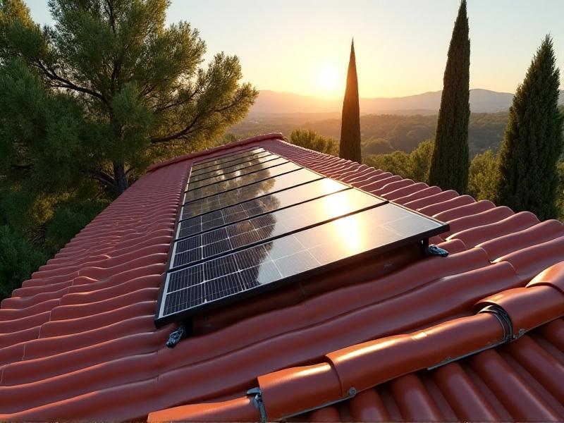Close-up of solar panels installed on a red terracotta tile roof using low-profile aluminum brackets. The panels follow the roof’s natural slope, with wiring discreetly tucked beneath. Mediterranean-style architecture and cypress trees frame the scene under a midday sun.