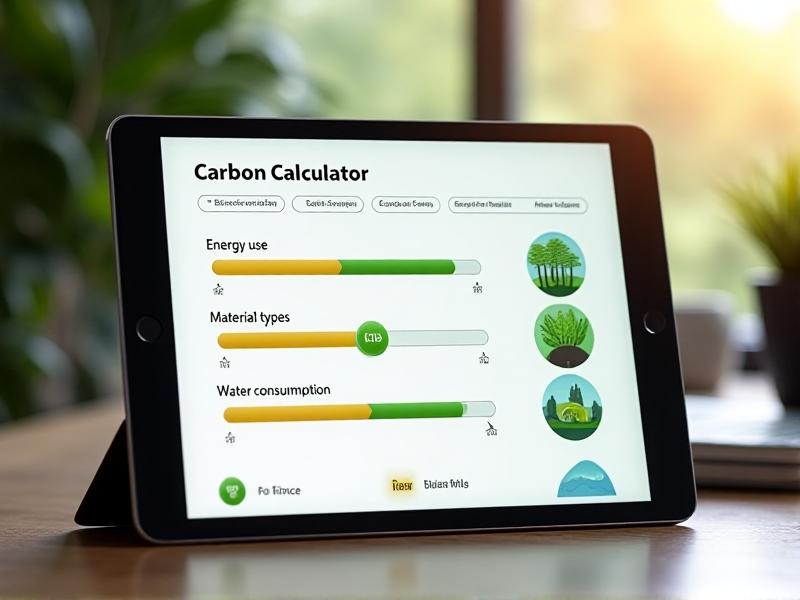 A digital tablet displaying a carbon calculator app with sliders for energy use, material types, and water consumption. The interface features earthy tones and icons of trees, solar panels, and recycling symbols.