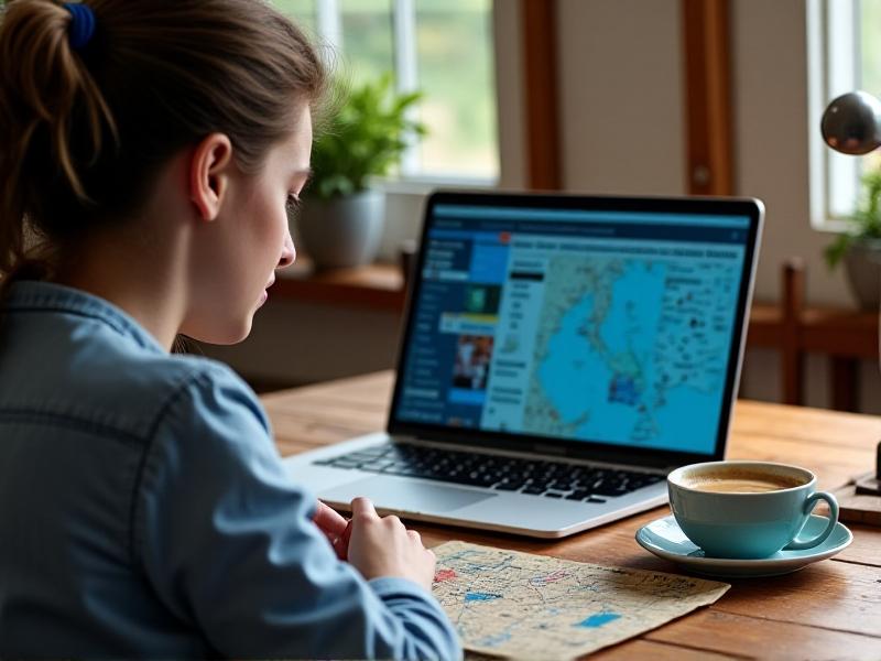 A person using a laptop to apply for a parking permit, with a map and coffee cup on a rustic wooden table. Morning light streams through a window, casting soft shadows and highlighting the website’s interface focused on permit applications.