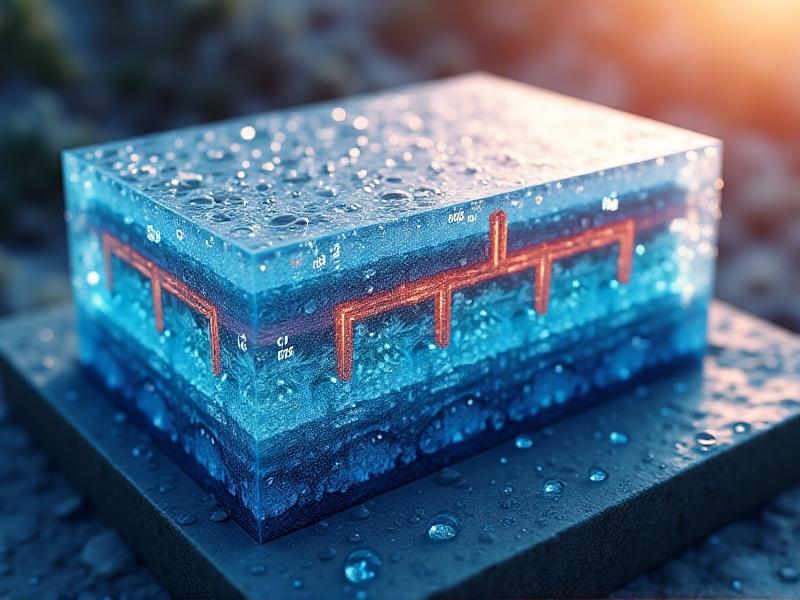 A cross-sectional infographic of a hydrogen fuel cell, showcasing H2 and O2 molecules flowing into layered electrodes and a PEM membrane, with blue and red arrows illustrating electron movement and water droplets forming at the cathode.