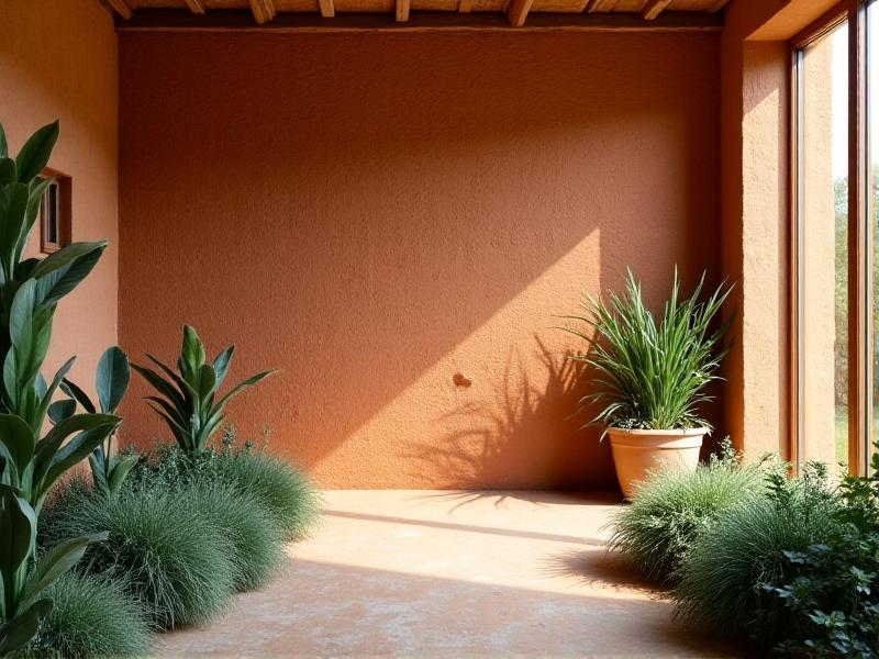 A textured rammed earth wall with visible layers of compacted soil and natural pigments, illuminated by soft daylight streaming through adjacent windows. Plants and wooden beams frame the structure. Style: Organic, earthy aesthetic with muted tones. Keywords: rammed earth, sustainable construction, thermal mass materials, natural building.