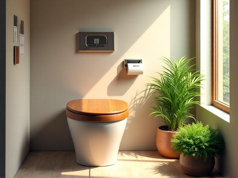 A modern composting toilet in a tiny home bathroom, featuring a sleek wooden seat and a stainless steel vent pipe. Sunlight streams through a small window, highlighting green plants nearby. The image has a warm, organic vibe with natural textures and neutral tones.