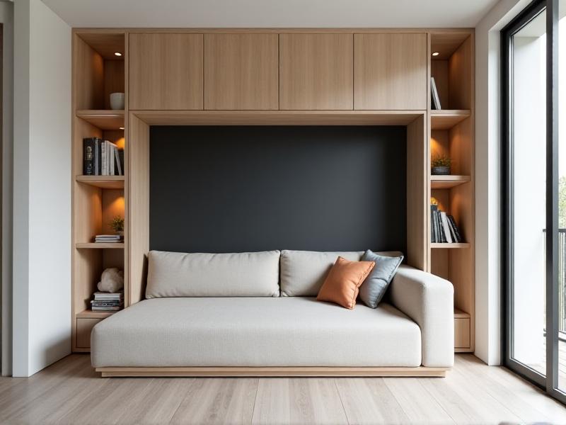 A minimalist tiny home interior with a convertible wall bed that folds into a chalkboard surface. A low-profile sofa transitions into a workspace with a pull-out desk, flanked by built-in bookshelves. Neutral tones and recessed lighting enhance the airy, adaptable ambiance.