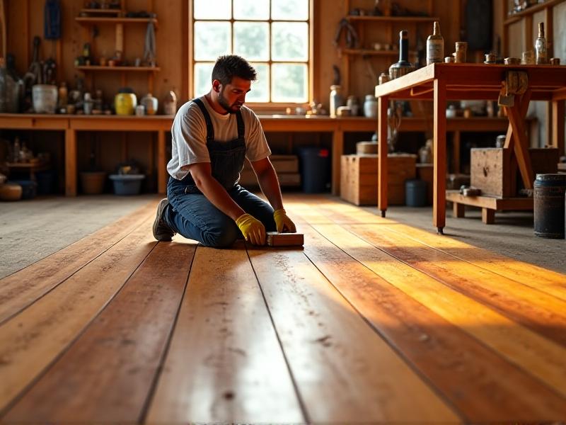 A floating floor installation showing rubber underlayment and cork panels layered beneath hardwood planks. A worker in gloves kneels, holding a tapping block, with tools spread across a well-lit workshop.
