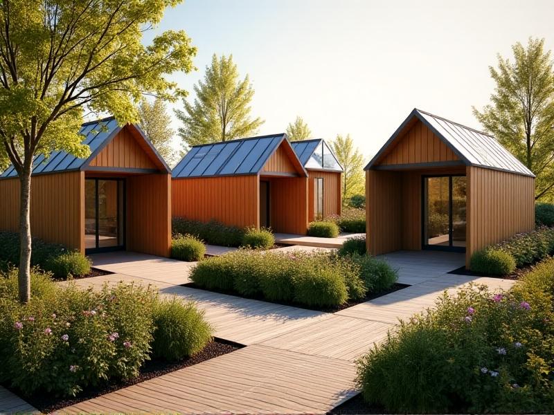 A cluster of three micro homes arranged around a shared accessible garden patio. Each unit has composite wood siding, metal roofs, and solar panels. A communal ramp connects the homes, with planter beds at waist height for residents using wheelchairs.