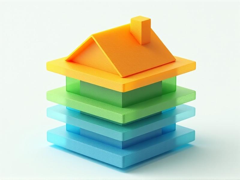 A 3D infographic showing a house icon with layered emissions data: orange for construction, green for energy use, blue for transportation. The graph sits on a textured background with light green accents, symbolizing environmental analysis.