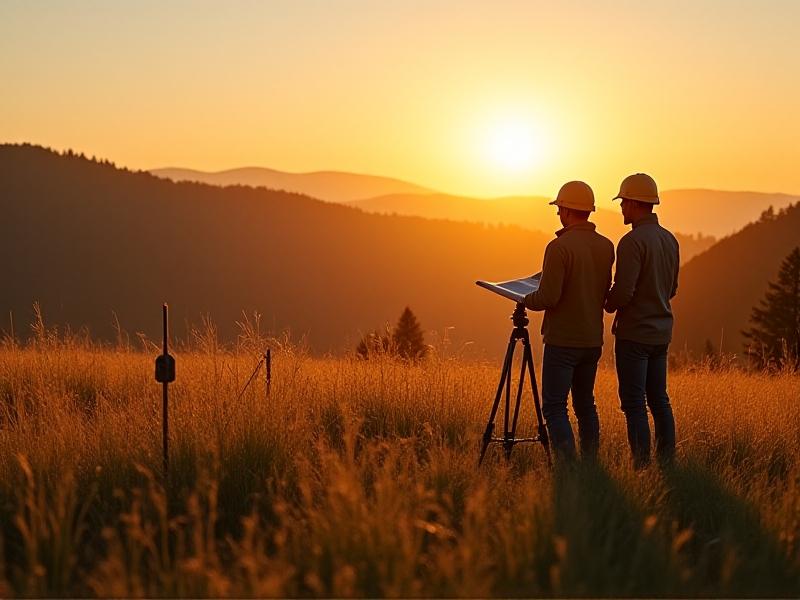 A panoramic view of a grassy field with survey stakes and a team in boots using a map and compass, golden hour lighting highlighting rolling hills and a distant tree line, evoking potential and careful assessment.