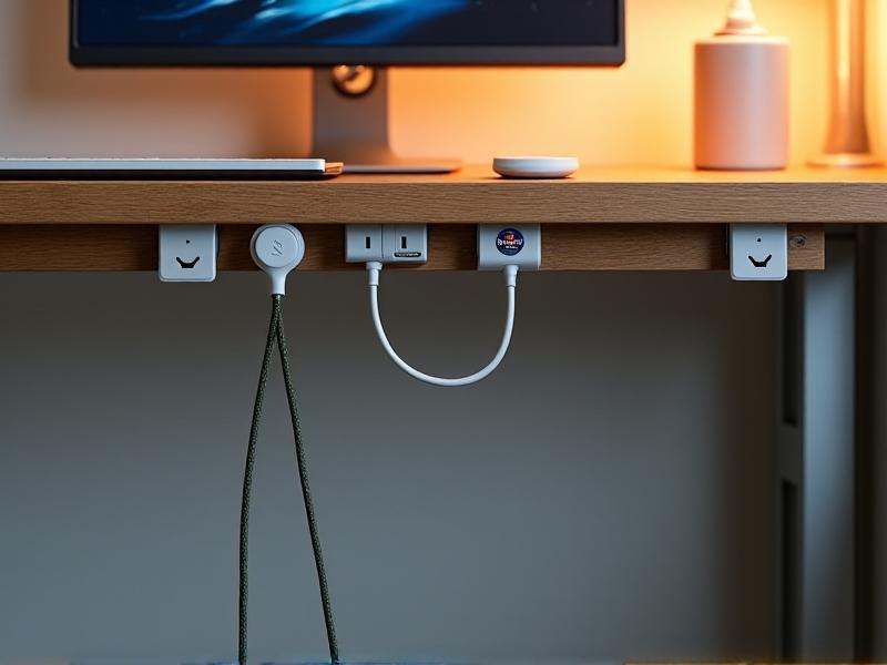 Under-desk cable management system with white adhesive clips routing USB cables and power strips along the desk legs. A woven cable sleeve bundles wires together, while a compact surge protector is mounted beneath the desk near a white wireless charger on the desktop.