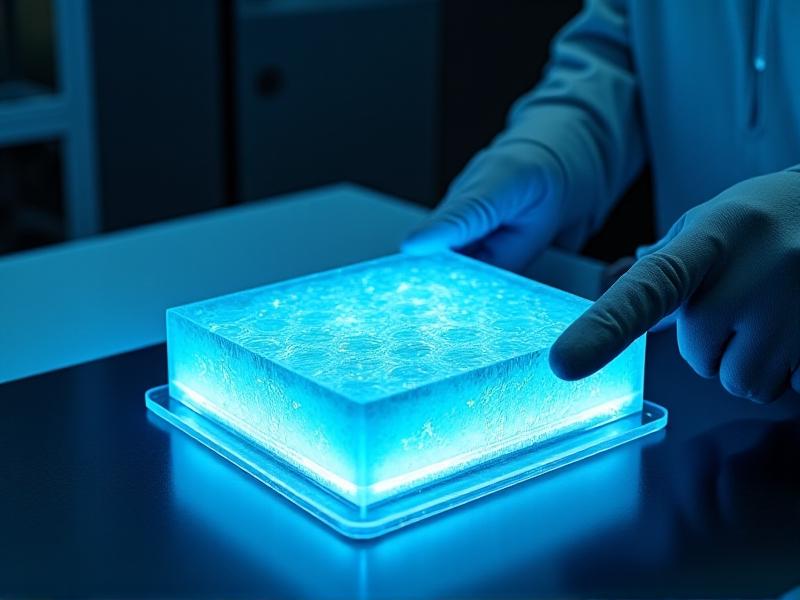 A translucent solid-state battery prototype glowing blue in a lab freezer. Nanoscale structures within the electrolyte appear as crystalline pathways. A researcher in a thermal gloves adjusts test equipment while breath vapor condenses in the -50°C environment.