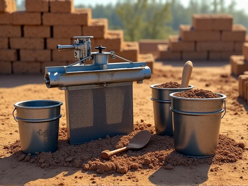 An organized arrangement of CEB construction tools on a dirt worksite: a metal soil sieve, a manual block press with a steel handle, buckets of raw earth, and a trowel. Sunlight highlights the textures of the tools against a backdrop of stacked earth blocks.