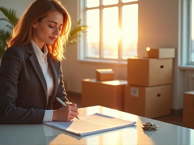 A person signing a lease agreement with keys and a pen on a table, a sunny apartment interior with boxes in the background, bright natural light, and a sense of transition.