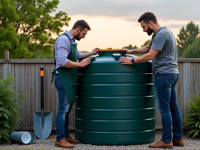 Two people installing a dark green polyethylene rainwater tank on a gravel base, using a spirit level to ensure balance. A shovel and PVC pipes lie nearby, with a suburban garden setting under a partly cloudy sky, emphasizing hands-on installation.
