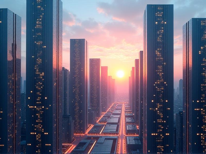 Futuristic cityscape where homes with solar roofs exchange energy via glowing blockchain nodes, interconnected by pulsating light waves. The palette blends electric blue and solar yellow, visualizing a decentralized, community-driven power network.