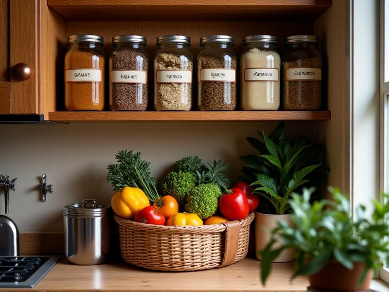 A brightly lit tiny kitchen with mason jars labeled 'Grains,' 'Legumes,' and 'Spices' on open shelves. A woven basket holds fresh produce, and a compost bin sits under the counter. The style is rustic-chic, with warm wood tones and copper accents, evoking simplicity and organization.