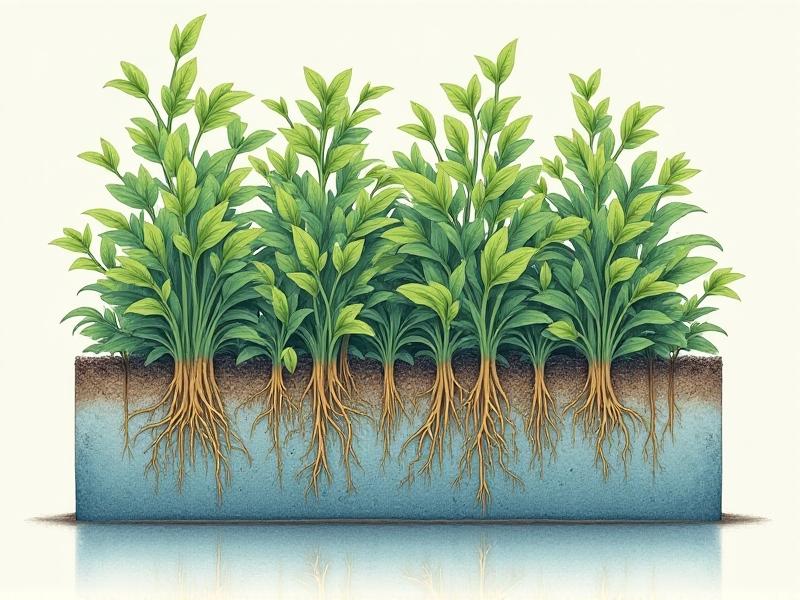 A cross-sectional diagram of a vertical garden system, illustrating layers of waterproof backing, felt pockets, irrigation tubes, and diverse plant roots. The technical drawing uses soft greens and blues, blending educational clarity with visual appeal.