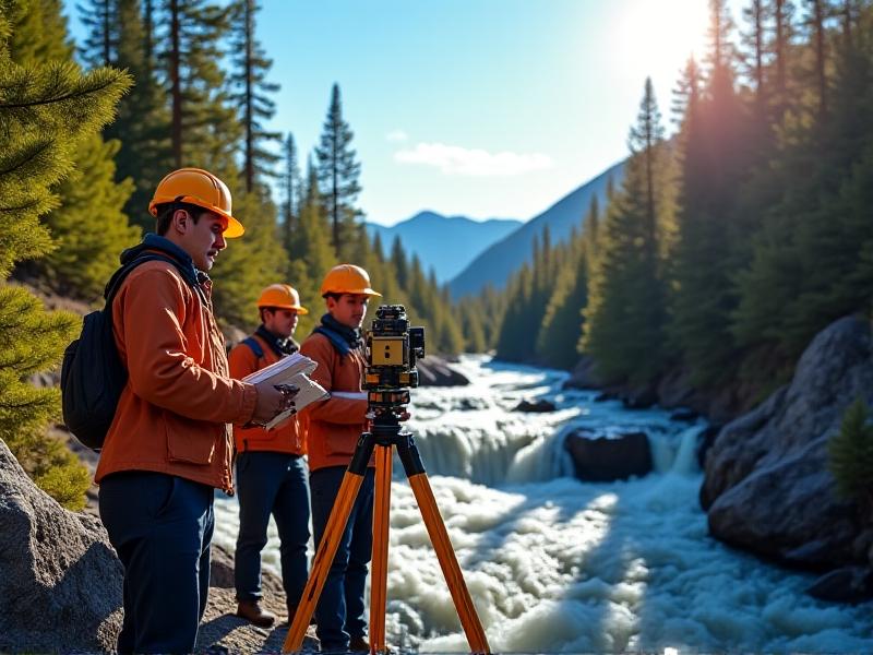 Engineers conducting a hydro site survey in a mountainous region. A team uses a tripod-mounted theodolite to measure elevation changes near a rushing stream. The landscape features rocky terrain with dense pine forests under a clear blue sky, emphasizing precision and collaboration in renewable energy planning.