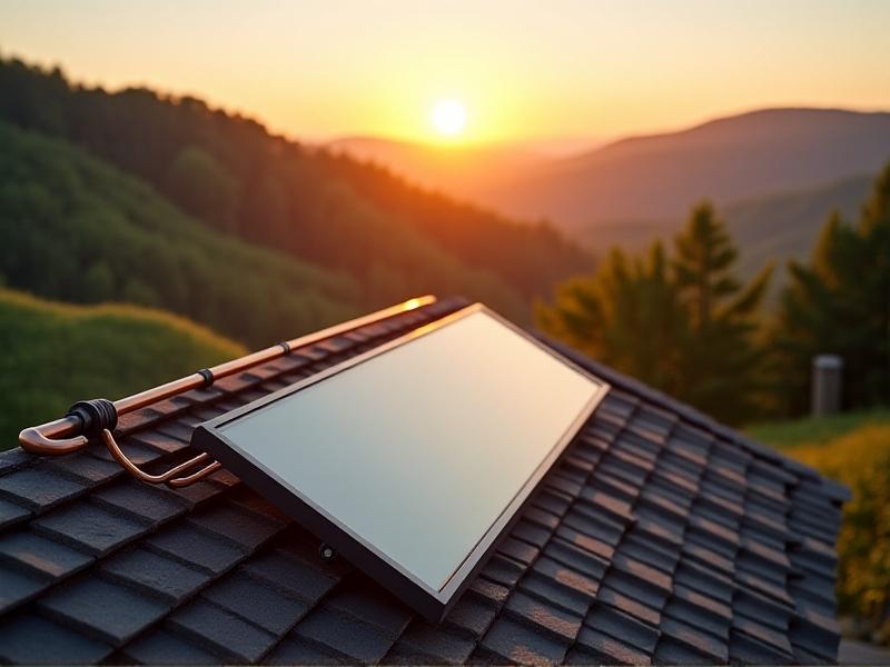 A freshly installed thermosiphon solar water heater on a sloped roof, with copper pipes leading from a glass-covered collector to a cylindrical storage tank. Late afternoon sunlight bathes the setup in golden hues, while verdant hills in the background suggest a rural, eco-conscious lifestyle.