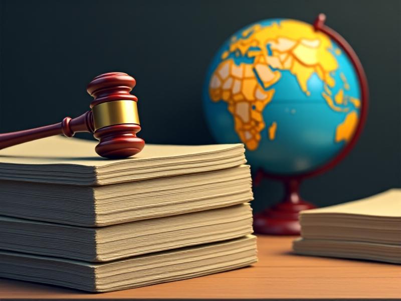 A stack of international accessibility law documents with highlighted text, a gavel resting on top, and a globe in the background, illuminated by warm light from a desk lamp, symbolizing global compliance efforts.