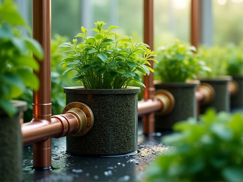 A photorealistic close-up of a modular water treatment system: cylindrical biofilters filled with layers of gravel and aquatic plants, connected by copper pipes with brass valves. Soft daylight filters through a greenhouse setting, emphasizing the system's integration with a sustainable home. Droplets gleam on polished surfaces, suggesting recent use.