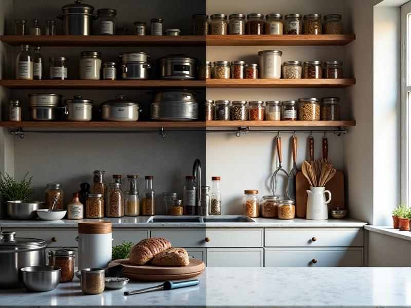 Side-by-side comparison: Left side shows a cluttered kitchen with overflowing pots, mismatched utensils, and crowded countertops. Right side features a tidy kitchen with labeled jars, a hanging rail for cookware, and a marble countertop holding only a cutting board and knife. The contrast highlights the emotional impact of minimalism.