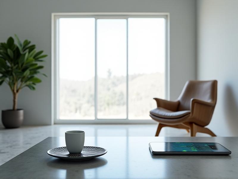 A minimalist living room with a smartphone controlling motorized blinds and a wall-mounted tablet displaying a security dashboard, featuring blurred camera overlays and green status indicators under cool-toned ambient lighting.
