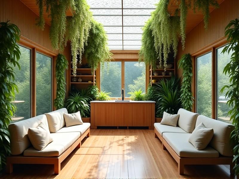A sunlit tiny home interior with bamboo flooring, a living wall of hanging plants, and recycled glass countertops, featuring neutral linen furniture and a skylight that illuminates the open-concept kitchen and lounge area.