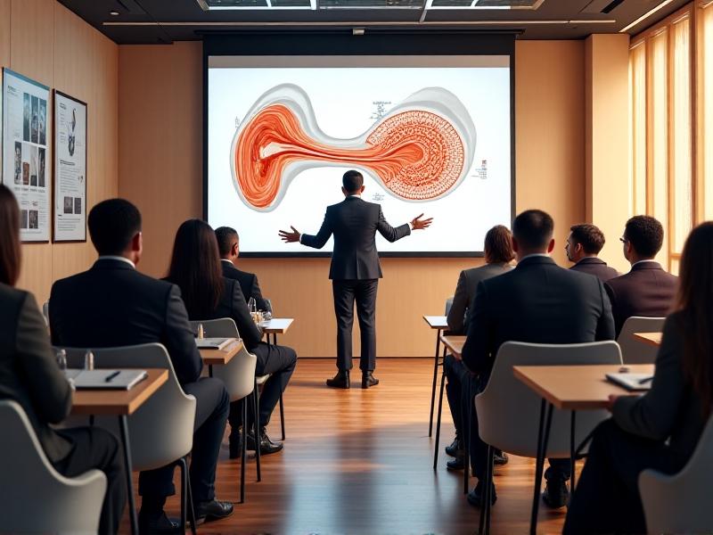 A diverse group of employees in a training room watches a presenter demonstrate proper earplug insertion. A large screen displays an animated diagram of ear anatomy, with vibrant colors highlighting the cochlea. Sunlight filters through blinds, creating an inviting, educational environment.