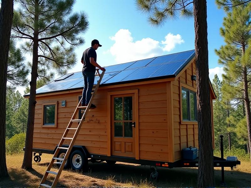 A technician installing solar panels on a tiny house roof, surrounded by pine trees under a clear blue sky, with battery banks visible below, illustrating renewable energy integration in a forested setting.