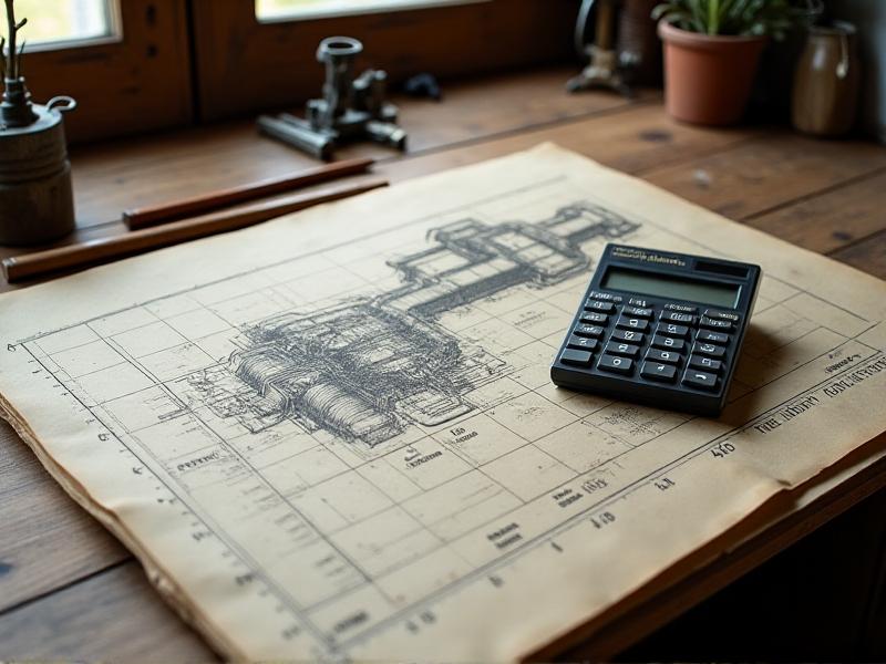 Hand-drawn blueprint on graph paper, with weights and distances labeled in red ink. A calculator sits beside it, displaying a formula: 'Total Torque = Weight × Distance.' Soft natural light spills across the desk, evoking a DIY workshop vibe.