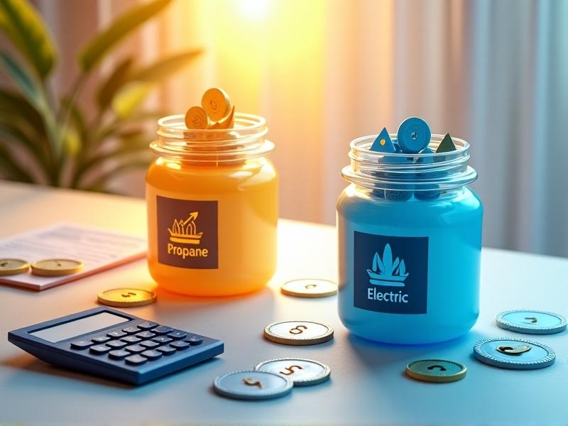 A 3D infographic of two money jars: one labeled 'Propane' with coins flowing into a tank icon, the other 'Electric' with bills stacking near a power outlet. Background elements include a calculator, price tags, and a homeowner comparing invoices. Warm yellow highlights contrast with cool blue tones, creating a clear visual division between the two energy types.