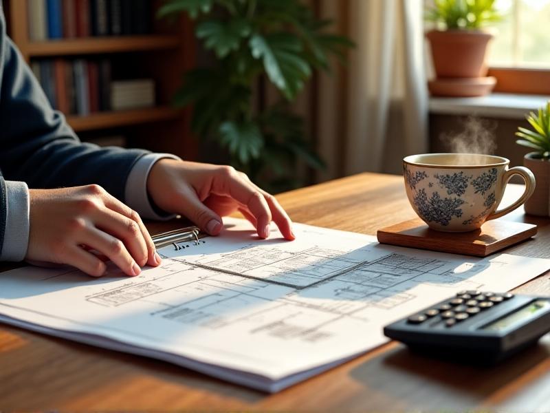 A close-up of hands sorting through property tax documents and architectural blueprints on a wooden desk, with a calculator and coffee cup nearby. Warm natural light filters through nearby windows, creating a focused, professional atmosphere.
